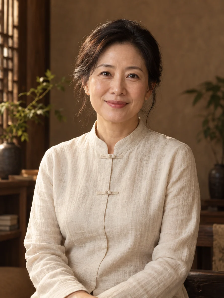 品牌虛擬角色：身穿米色中式服裝的女性學習顧問