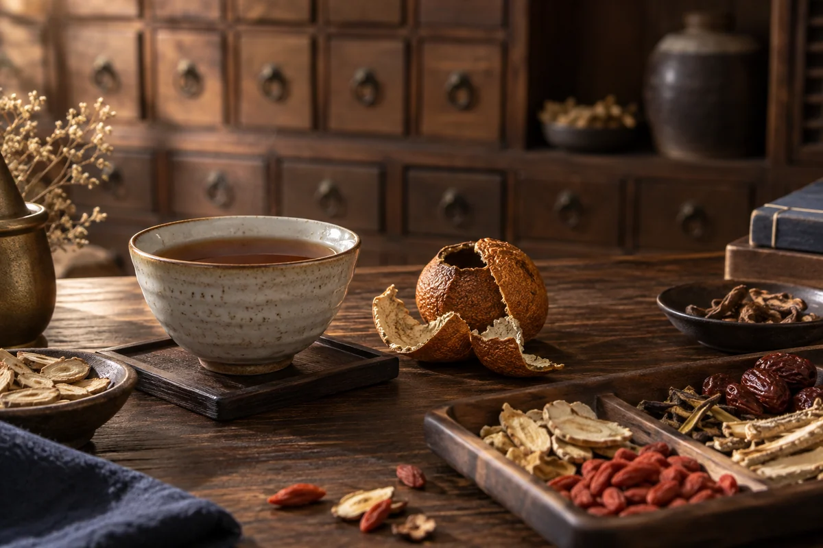 暖木藥櫃、草本與茶器的中醫文化靜物